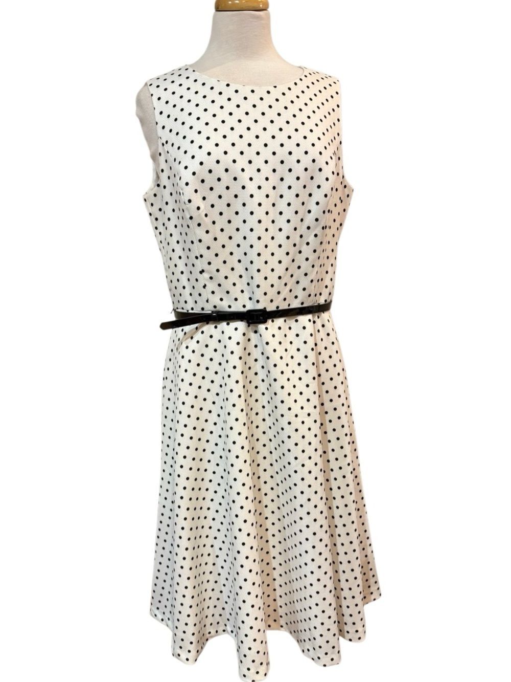 Black Label by Evan Picone Midi White Dress Black Polka Dot lined size 14